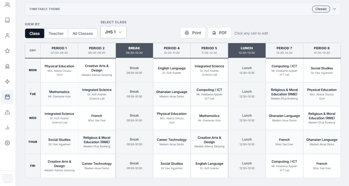 AI Timetable Generator showing a weekly class timetable for JHS 1, with subjects, teachers and rooms auto-assigned